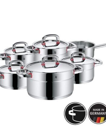 WMF Premium One Topfset, 6-teilig, Metalldeckel mit Dampföffnung, Kochtopf, Stielkasserolle, Cromargan Edelstahl poliert, Induktion, Kaltgriffe, Innenskalierung