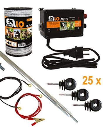 Ellofence Hobby Weidezaun Starterset komplett mit Weidezaungerät, 12,5mm Weidezaunband, Erdpfahl und Isolatoren - Extrem leises Gerät ! 230V