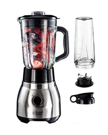 Russell Hobbs Standmixer 2-in-1 [1,5l Glasbehälter Mixer & 0,6l Mini Smoothie Maker -To-Go-Trinkflasche inkl. Deckel] Spülmaschinenfest, Impuls-/Ice-Crush Funktion, Steel 23821-56[Exklusiv bei Amazon]