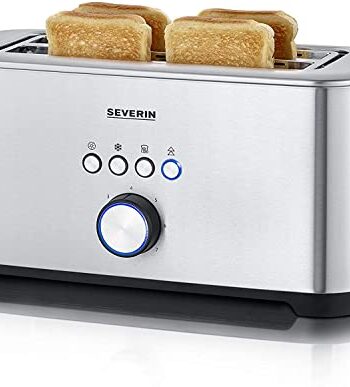 SEVERIN AT 2512 Langschlitztoaster mit Bagel-Funktion für einseitiges und energiesparendes Toasten, 1.400 W, 4 große Röstkammern und integrierter Brötchenaufsatz, Edelstahl Gebürstet