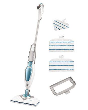 Black+Decker Dampfreiniger Steam Mop Deluxe FSM1630 – Stehender Dampf Mop für versiegelte Hartböden – Bodenreinigung mit waschbarem Microfaser-Pad – 180° drehbarer, herausnehmbarer Fuß – 1600W