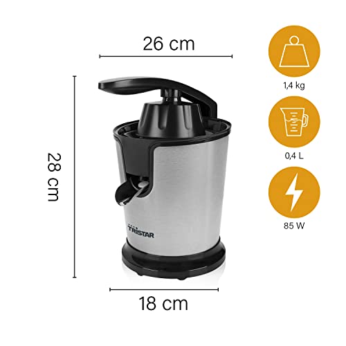 Tristar CP-3002 Zitruspresse, 85 Watt, 2 Presskegel, Fruchtfleischfilter, Schwarz /Edelstahl - obrazek 5