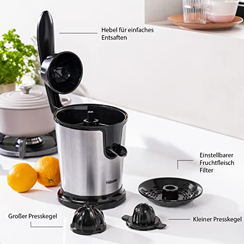 Tristar CP-3002 Zitruspresse, 85 Watt, 2 Presskegel, Fruchtfleischfilter, Schwarz /Edelstahl - obrazek 2