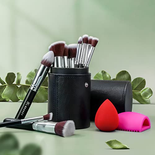 Pędzle do makijażu, pędzle do podkładu BEAKEY, mieszanie pędzli do cieni do powiek, prezent dla kobiet i dziewcząt, zestawy pędzli z gąbką i jajkiem do czyszczenia pędzla (10 + 2 szt., z czarnym futerałem na pędzle) - obrazek 2