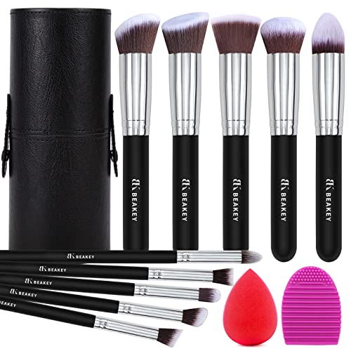 Pędzle do makijażu, pędzle do podkładu BEAKEY, mieszanie pędzli do cieni do powiek, prezent dla kobiet i dziewcząt, zestawy pędzli z gąbką i jajkiem do czyszczenia pędzla (10 + 2 szt., z czarnym futerałem na pędzle)
