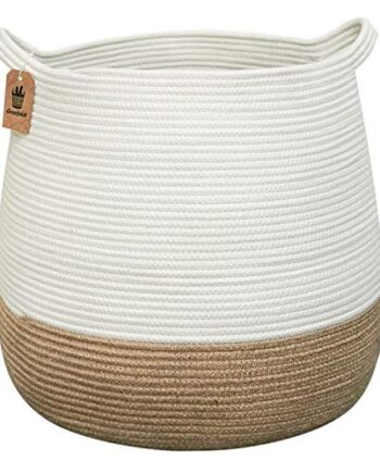Goodpick Kosz na pranie z liny bawełnianej – okrągły pleciony kosz z juty, kosz na rośliny, naturalny, do salonu, duże kosze do przechowywania jutowego z uchwytami na koce, zabawki, 46 x 38 x 41 cm