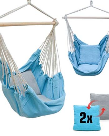 AMANKA Fotel wiszący z 2 poduszkami do obracania – na balkon, niebieski, szary, do użytku na zewnątrz